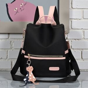 Black & Pink Anti-Theft Backpack Convertible Bag + Removable Strap & Cat Charm